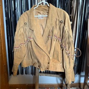 G-III Camel Leather Jacket with Fringe and Beads